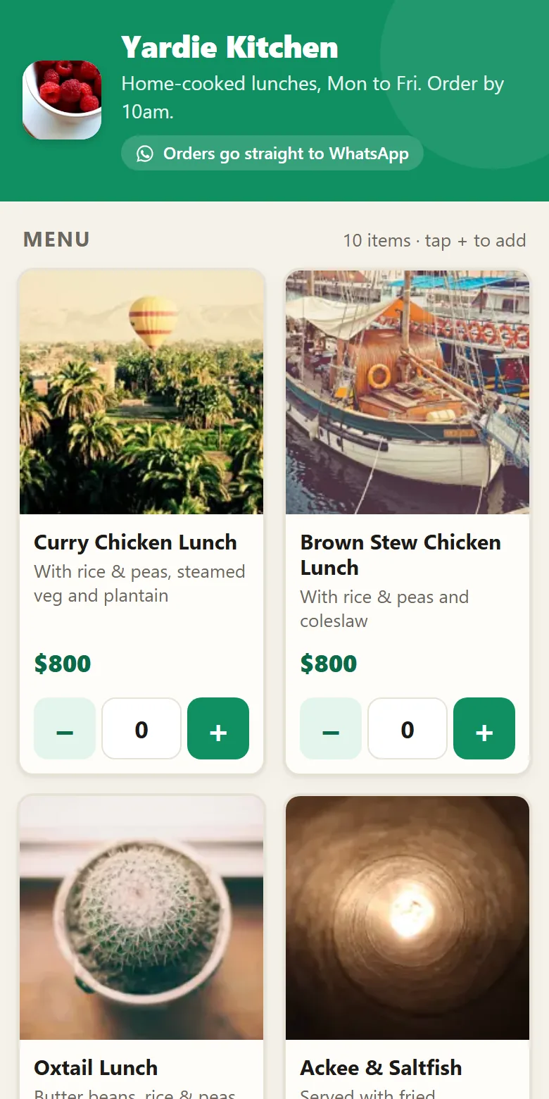 A Higgler order page on a phone: Yardie Kitchen's menu with photos, prices and plus buttons
